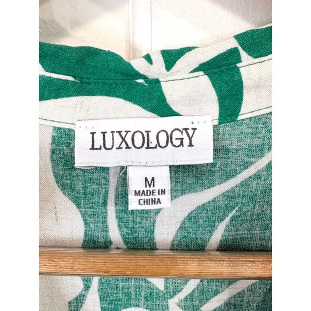 Luxology Linen Blend Sleeveless Mock Wrap Midi Dress‎ Sz M Green Tropical Leaf - Picture 6 of 12